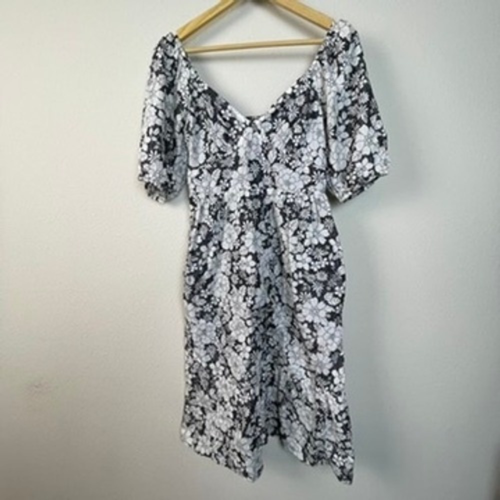 GAP Black‎ White Floral Puff Sleeve Dress Smocked Bodice Women's XS Cottagecore